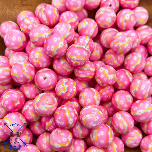 15mm pink flower print bead