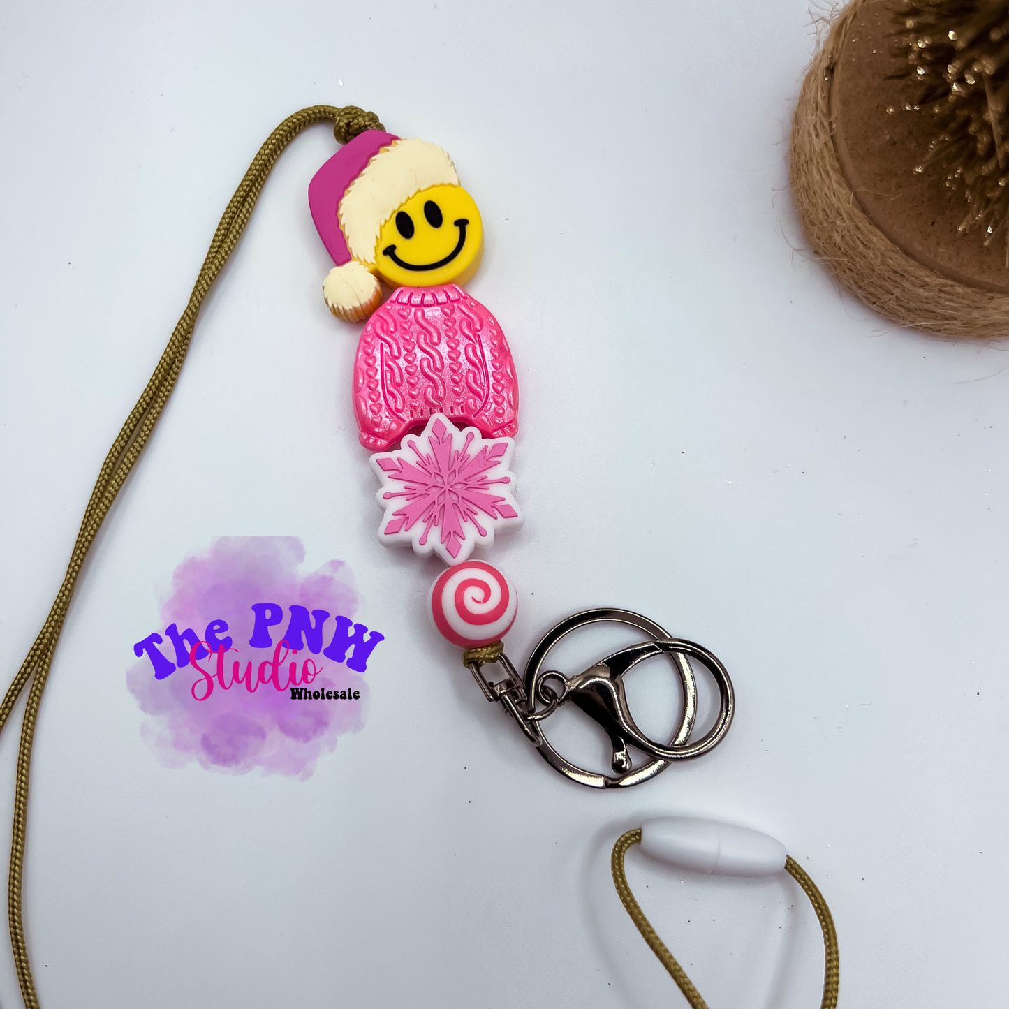 Pink smile face Christmas sweater- RTS premade lanyard