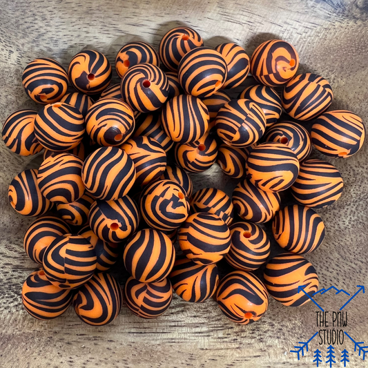 15mm Black and Orange Swirl print bead